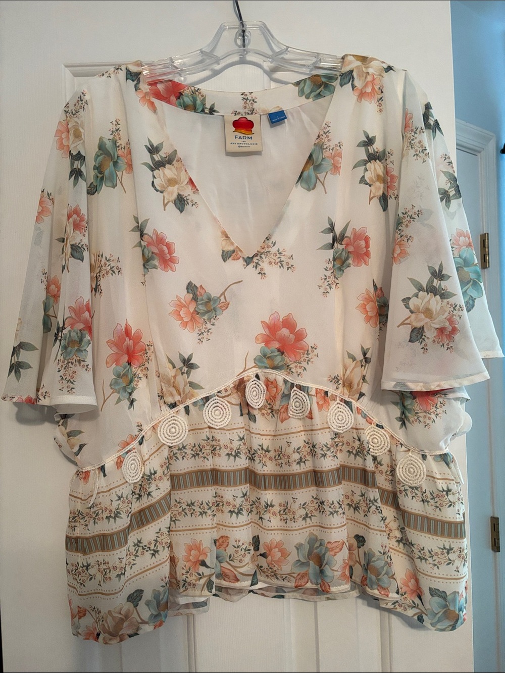 FARM Rio Cream Floral Blouse with Coral & Teal Flowers